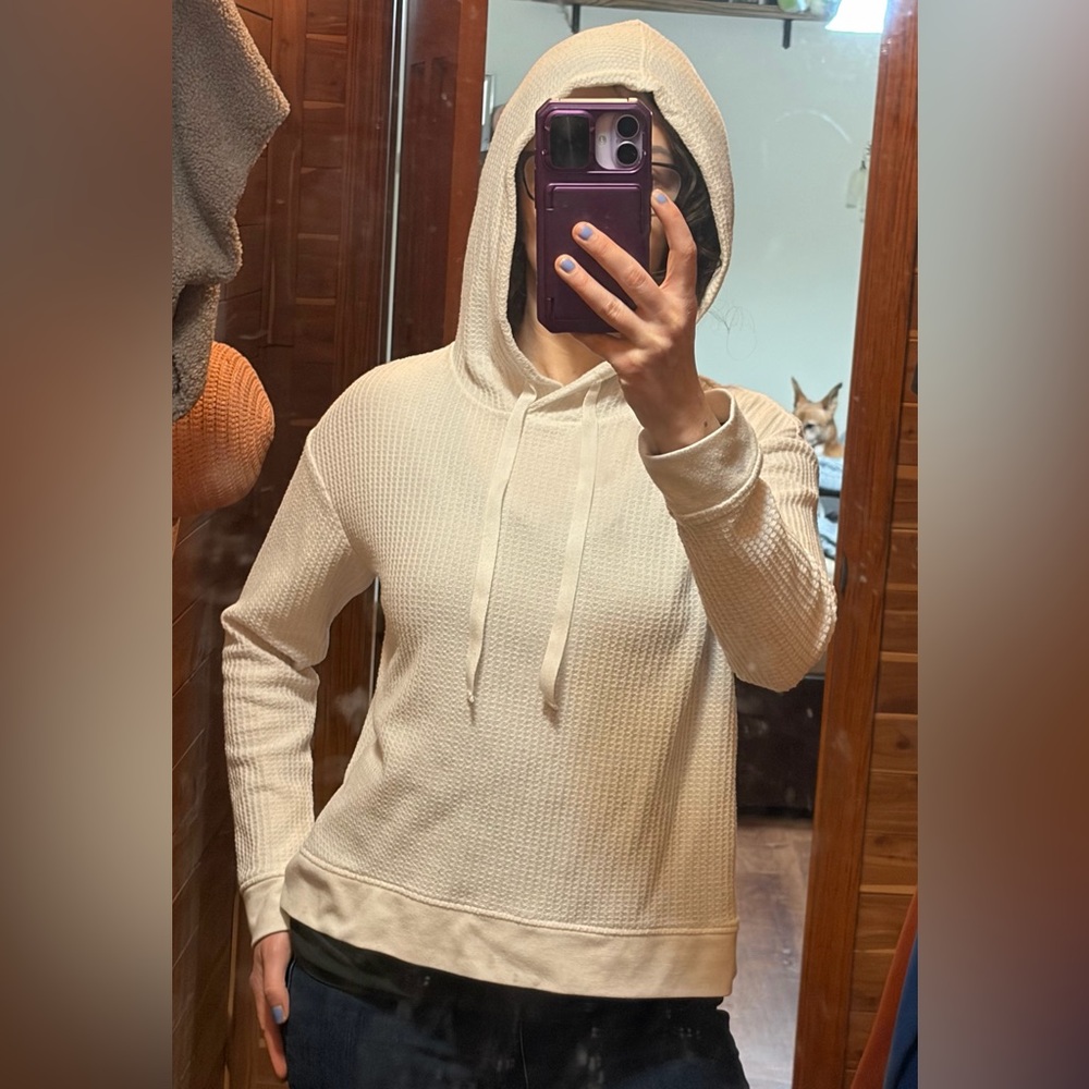 Stars Above Women's White Hoodie Size S Drawstring Waffle Knit Pullover Sweater